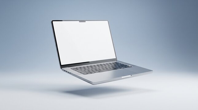 Laptop computer floating in studio with blank white screen for mockup and design