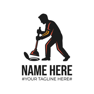Plumber Silhouette Fixing Toilet with Plunger - Logo Concept