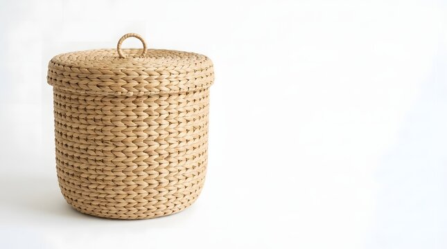Handwoven water hyacinth storage basket with a lid and ring handle on a white background.