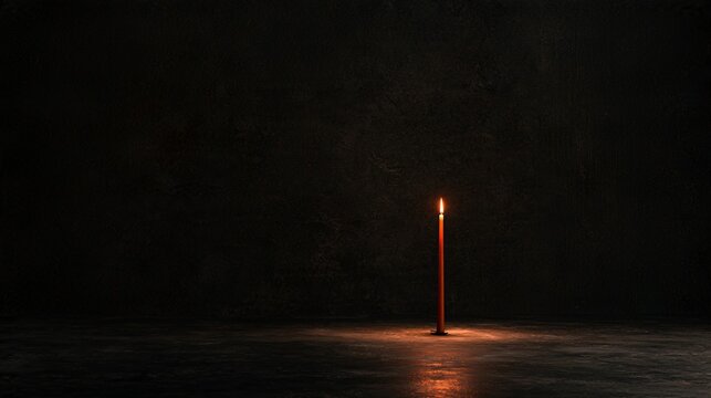 Deep charcoal plaster creates a minimal Halloween background with a single slender orange candle positioned off-center, a faint pool of warm illumination, subtle wall texture