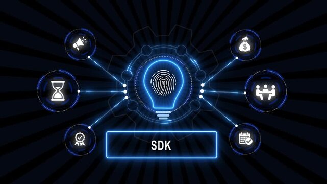 Software development kit sdk concept with glowing blue light bulb fingerprint technology network interface infographic animation for enterprise business digital innovation solutions