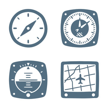 Navigation instruments showing a compass, altimeter, attitude indicator, and radar screen for aviation use.