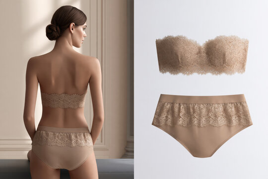 Luxury nude lace lingerie set with strapless bandeau bra and high waist briefs shown on model from behind and flat lay split screen.