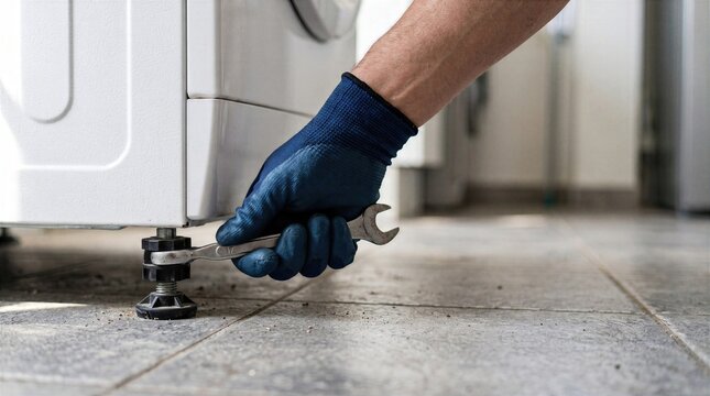 Gloved hand adjusting washing machine leveling foot with wrench