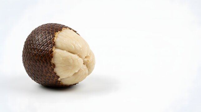 Partly peeled snake fruit showing creamy flesh inside its scaly brown skin on a white background.