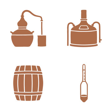 Distillery equipment icons depicting a copper still, fermentation tank, wooden aging barrel, and hydrometer displayed as brown monochrome illustrations.