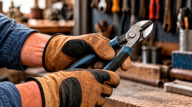 Gloved hands holding metal pliers at a workshop workbench. Hand tools for repair, maintenance and practical DIY. Manual work, craftsmanship and tool handling. Workshop craft and equipment.