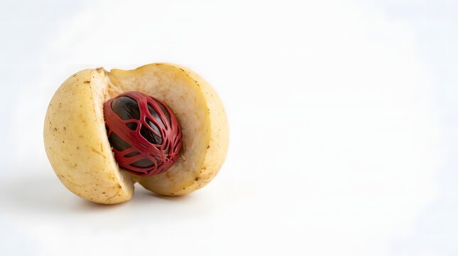 Split open nutmeg fruit revealing the dark seed wrapped in red mace on a white background.