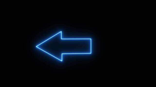 Vibrant glowing blue neon left arrow sign animation flashing against a deep black background, for modern digital, interface directional navigation, and ui