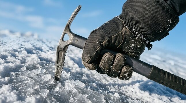 Mountaineer hand holding an ice axe striking frozen snow and ice