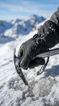 Mountaineer holding an ice axe in snowy alpine landscape