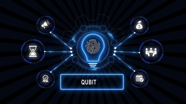 Comprehensive digital innovation and qubit technology concept featuring glowing light bulb, fingerprint security, gear mechanics, and interconnected business workflow on dark abstract background
