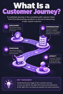 Customer journey infographic with winding path and touchpoints