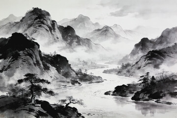 Obraz premium Traditional Chinese Ink Wash Landscape of Misty Mountains and River