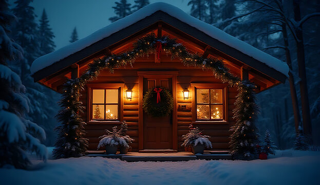 Cozy wooden cabin decorated for christmas holiday night celebration