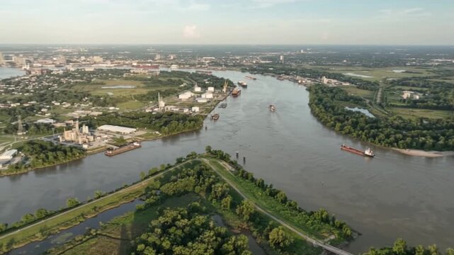 Aerial view of mississippi river industrial port and cargo ships at sunset, baton rouge skyline drone