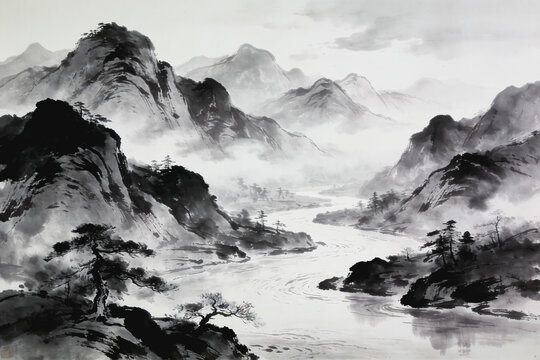Traditional Chinese Ink Wash Landscape of Misty Mountains and River