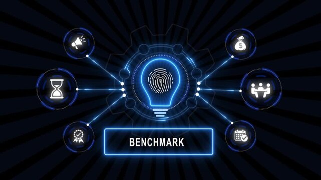 Comprehensive benchmark concept animation featuring a glowing digital lightbulb, fingerprint security and glowing data network connections for corporate strategy presentations and business analytics