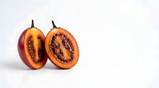 Two halves of fresh tamarillo showing juicy orange flesh and dark seeds on a white background.