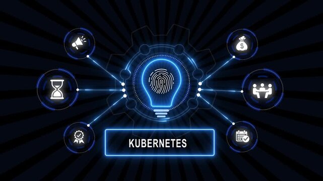 Kubernetes container orchestration software technology concept with glowing digital infographic fingerprint lightbulb innovation, and futuristic business management interface