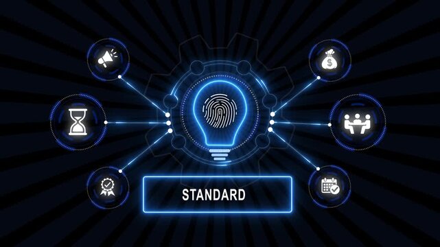 Standardizing innovation and business processes with digital fingerprint technology, cyber security solutions, and automated data management systems on futuristic blue glow interface