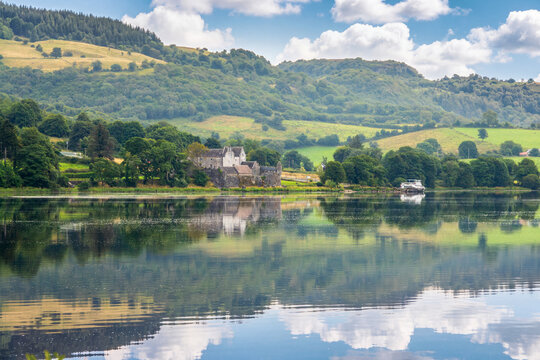 View of Parke's castle water reflection on Lough Gill near Sligo, scenic landscape in County Leitrim, Ireland