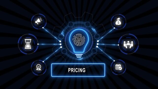 Business pricing strategy concept with glowing lightbulb, fingerprint, and digital interface representing financial planning, corporate monetization, value proposition, and enterprise solutions