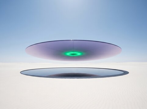 A circular purple disc floats above a dark reflective pool in white sand