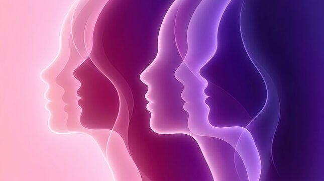 Multiple translucent female face profiles glowing with vibrant pink and purple light gradients in digital art style