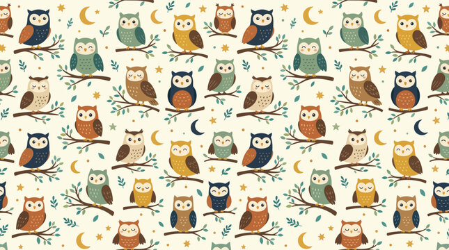 Cute Owl Pattern, Whimsical Forest Creatures, Baby Animals, Nature Background