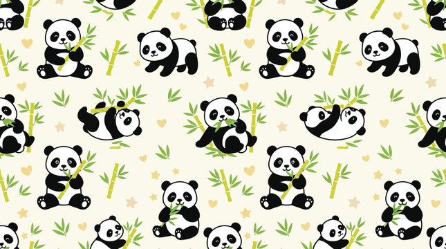 Cute Panda Bears Pattern with Bamboo, Kawaii Illustration, Seamless Background