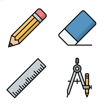 A set of four flat vector icons depicts a pencil, an eraser, a ruler, and a compass.