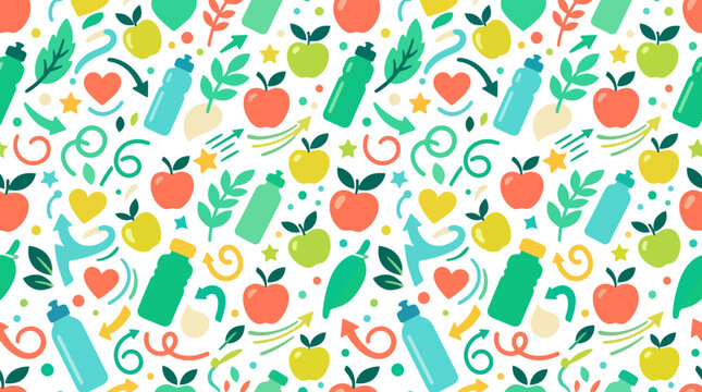 Healthy Lifestyle Pattern: Apples, Water Bottles, Hearts, Leaves, Arrows, Stars