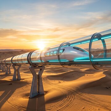 Futuristic hyperloop passenger train traveling in vacuum tube across desert sunrise
