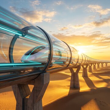 Futuristic hyperloop passenger train traveling in vacuum tube across desert sunrise