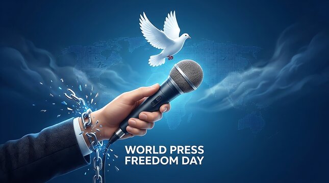 Hand holding microphone breaking metal chains symbolizing world press freedom day with soaring white dove above