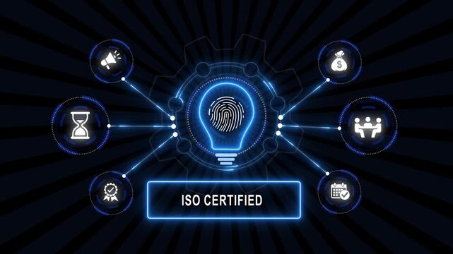 Iso certified business management standard concept with glowing digital interface, fingerprint lightbulb idea, gear mechanism, and corporate verification symbols animation