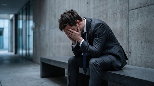 Stressed businessman sitting on a bench covering his face with hands in despair outside the office.