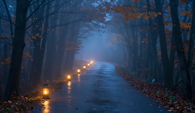 Autumn forest path with lanterns glowing in misty evening atmosphere