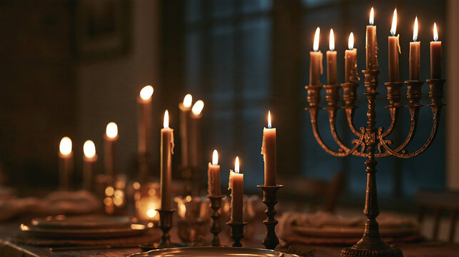 Brass Hanukkiah menorah with burning candles on a dining table next to additional candles during a Hanukkah celebration at home.