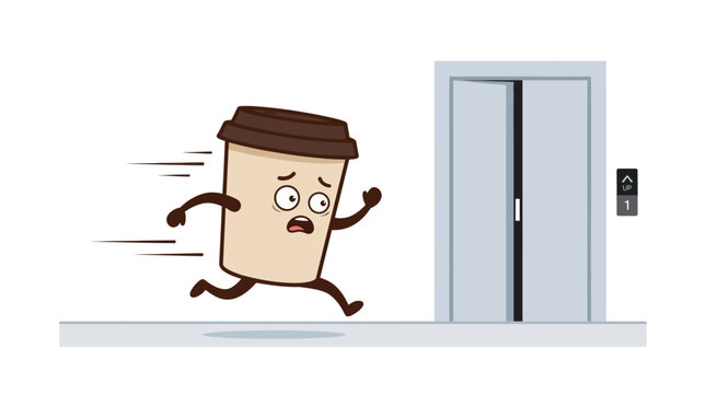 Stressed Cartoon Coffee Cup Running Fast to Catch a Closing Elevator in a Hurry for an Important Morning Work Meeting at the Corporate Office