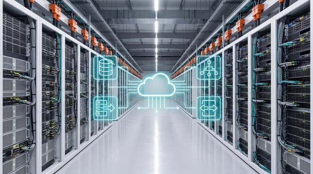 Server rack aisle with illuminated cloud computing icon overlay, representing cloud server architecture, enterprise database storage and fast networking.