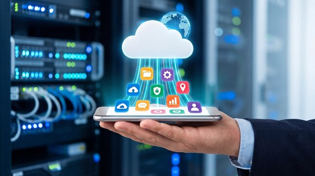 Smartphone with holographic cloud computing icon and app symbols over server rack, representing cloud server technology, database backup and digital network infrastructure.