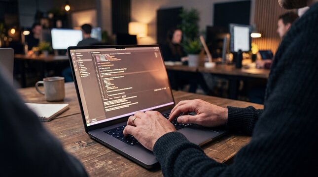 Software developer typing script on laptop keyboard at wooden desk in open plan office. Programmer writing source code for application development during late night startup shift.