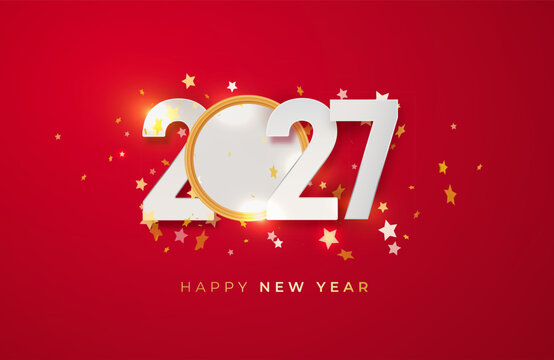 2027 Red Happy New Year Greeting Banner. Christmas Banner with Glitter Numbers date 2026 on Festive Background.