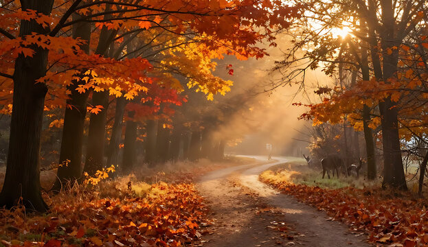 Autumn forest scene with deer during fall foliage season for seasonal