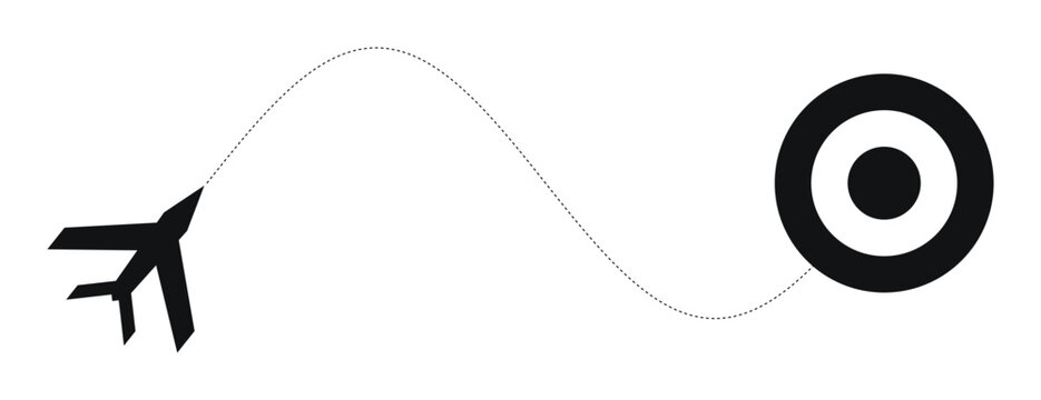 Airplane icon flying towards a circular target symbol with flight path dotted line business travel airplane aviation
