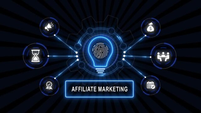 Affiliate marketing concept with futuristic glowing lightbulb, fingerprint identifier, and digital business strategy animated on dark background, for corporate presentations, and projects