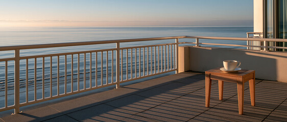 Fototapeta premium Serene luxury balcony at golden hour sunrise, a ceramic mug resting on a teak stool overlooking a glassy, calm sea. Perfect for travel, wellness, mindfulness, and aspirational living.
