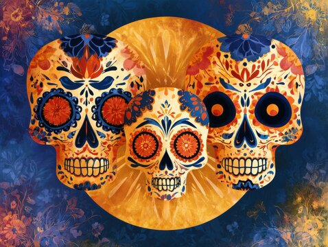 Colorful sugar skulls with intricate floral patterns